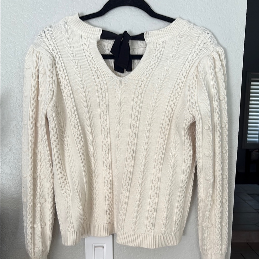 Elegant Cream Cable Knit Sweater with Bow in Back